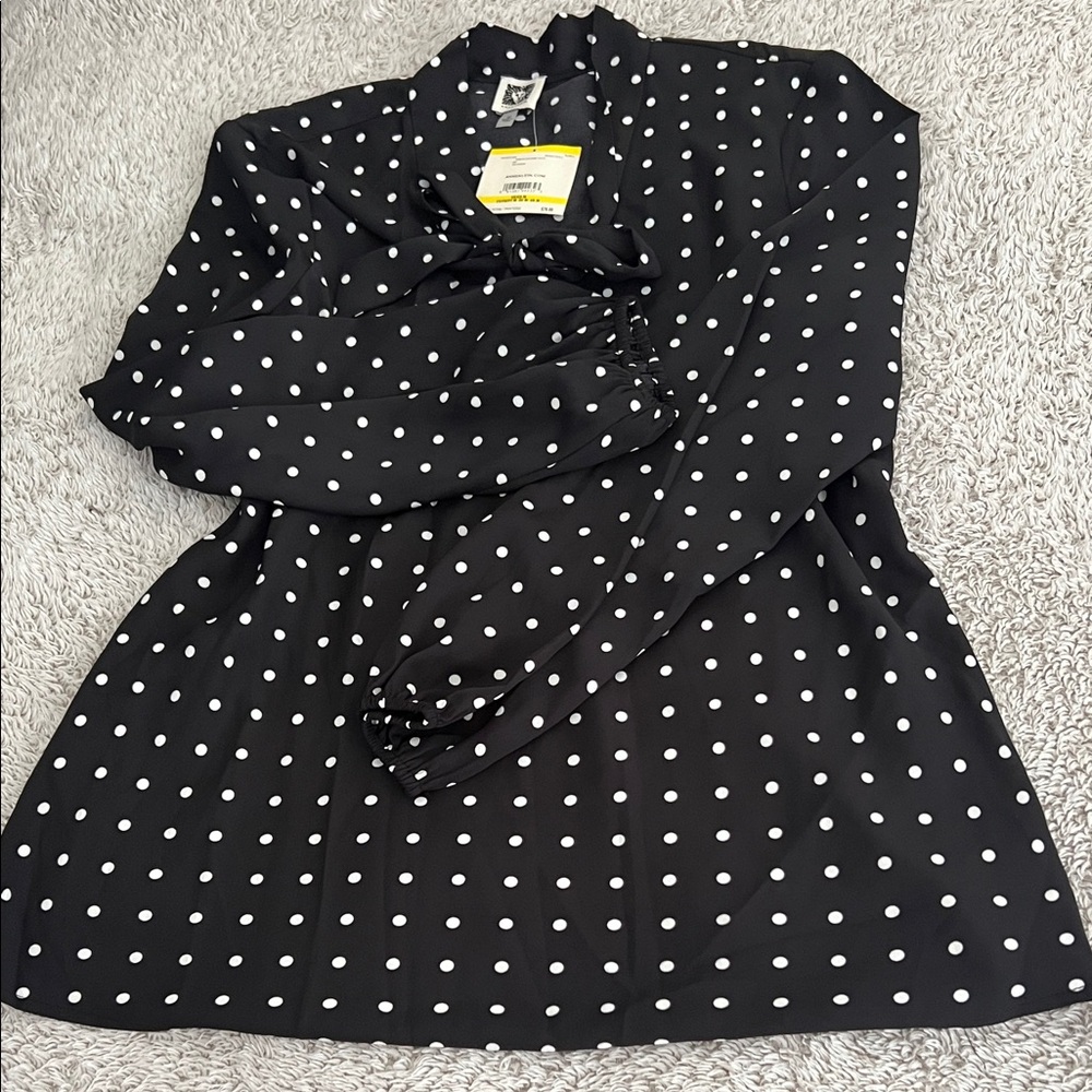 Anne Klein Black Blouse with White Polka Dots